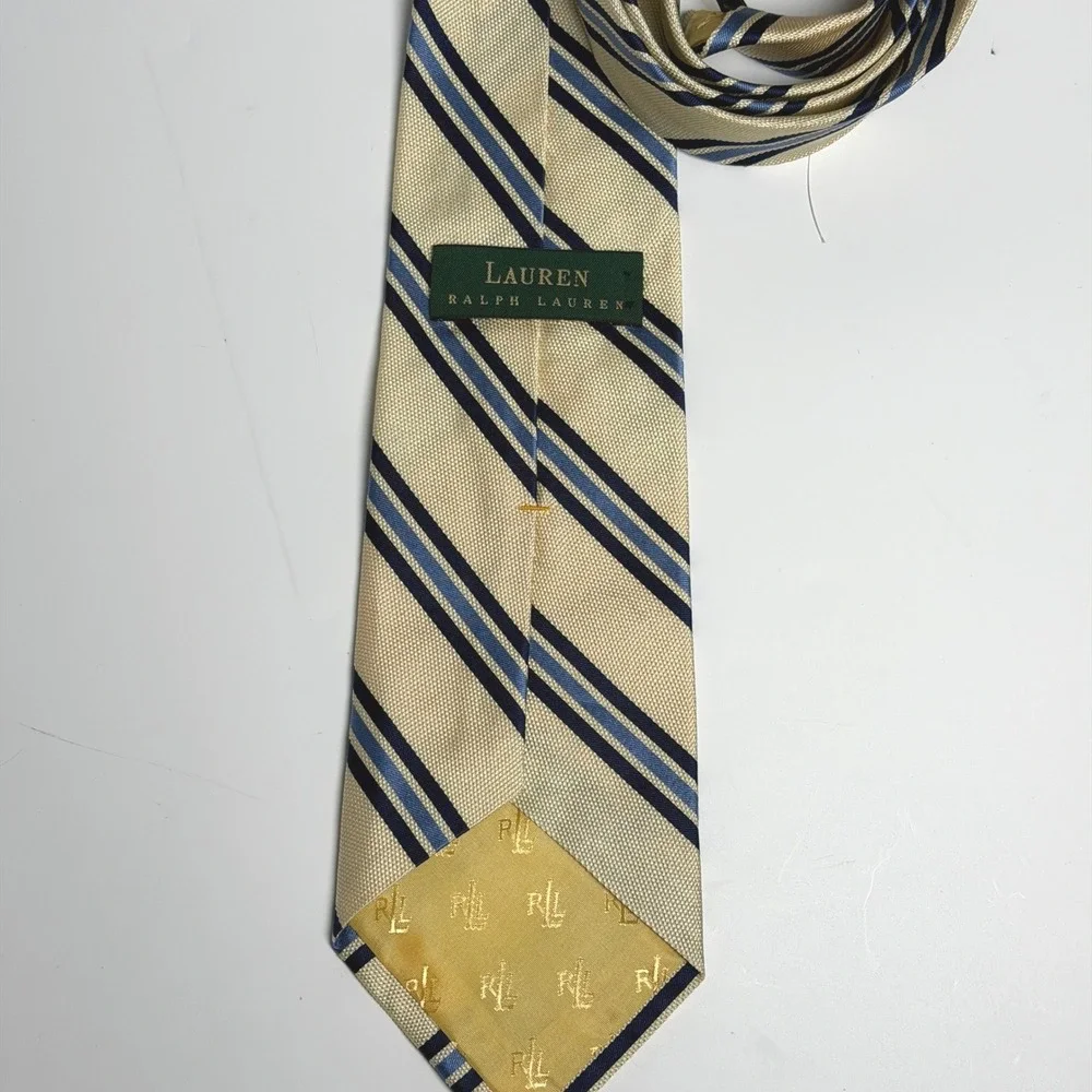 Lauren Ralph Lauren Mens Silk Tie Cream Navy‎ Blue Diagonal Stripe Made in USA